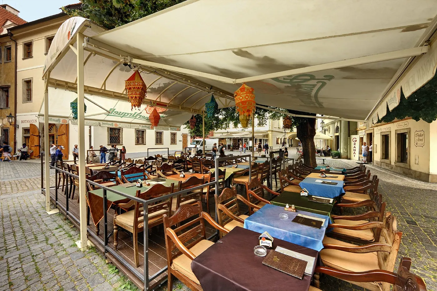 Indian Jewel's terrace in the Týn courtyard, Prague Old Town, by day