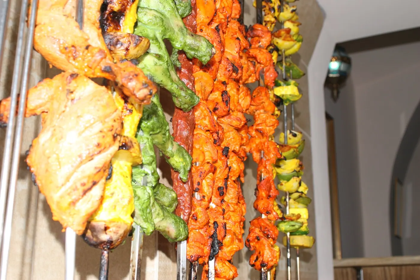 Tandoori chicken, kebab and vegetable skewers fresh from the tandoor at Indian Jewel, Prague